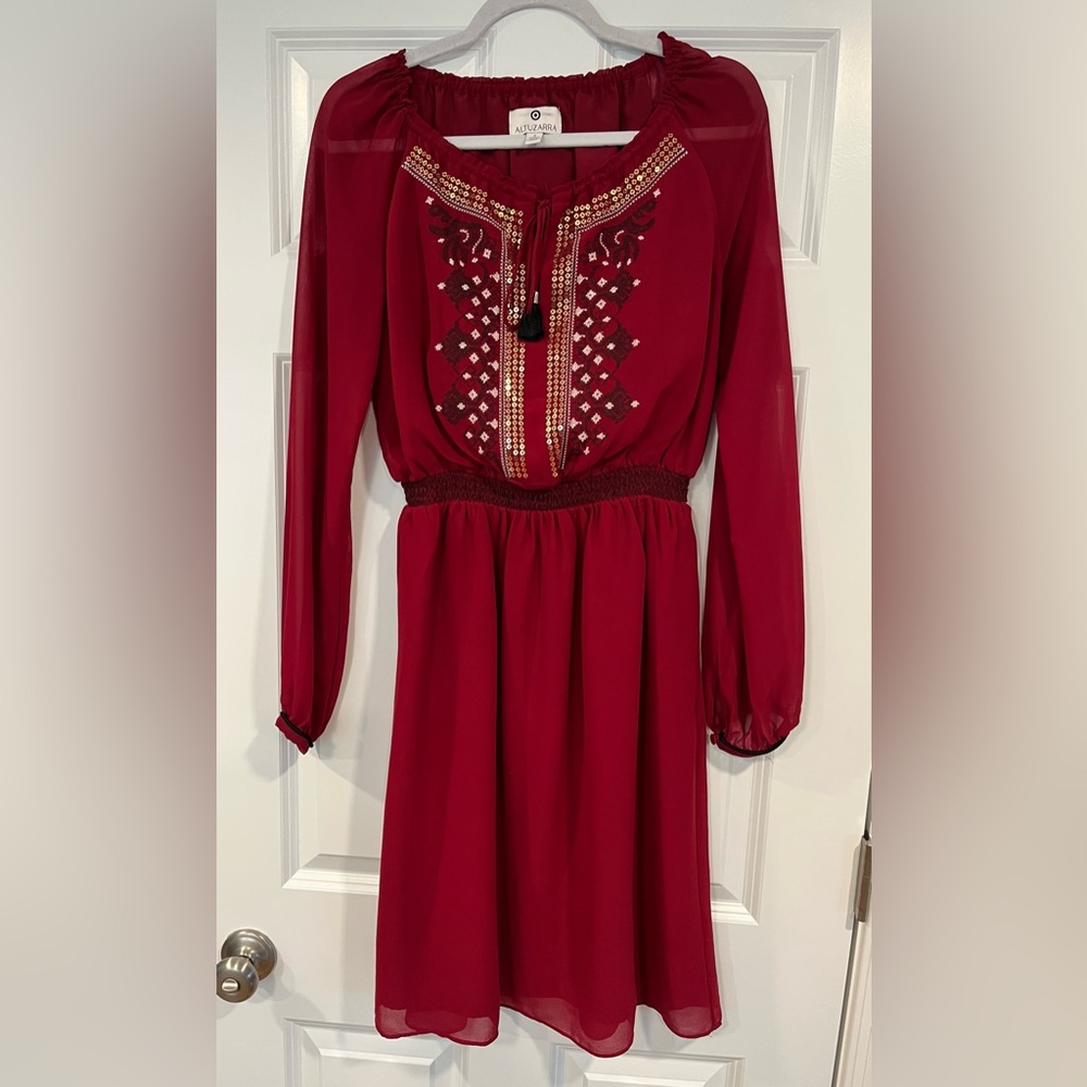 ALTUZARRA Red Flowy long sleeve dress with tie front